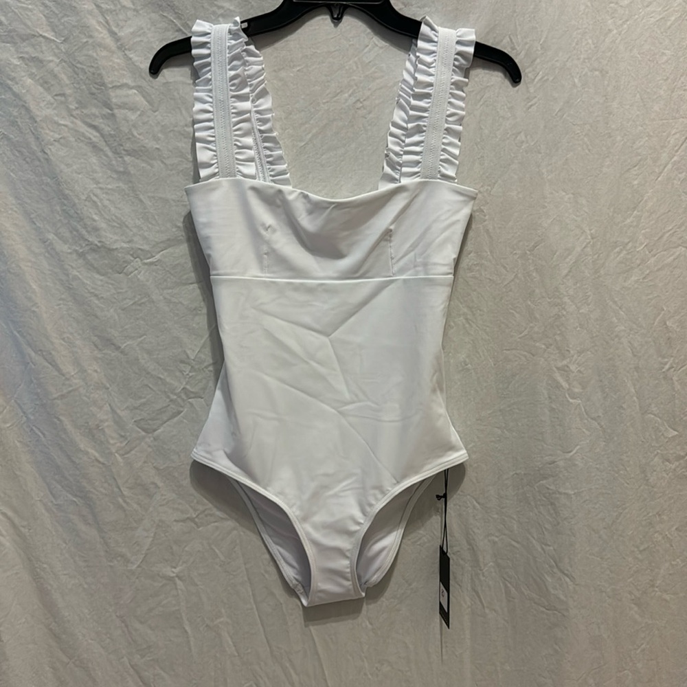 Ephemera NWT Optical White Ruffle Sleeve One Piece Swimsuit Sz 6